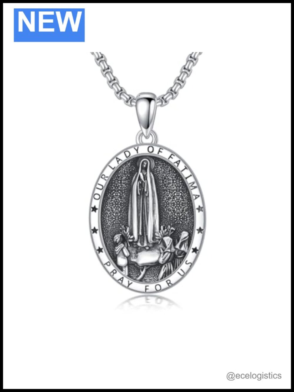 Sterling Silver Our Lady of Fatima Pendant Necklace 22in Rolo Chain Unisex